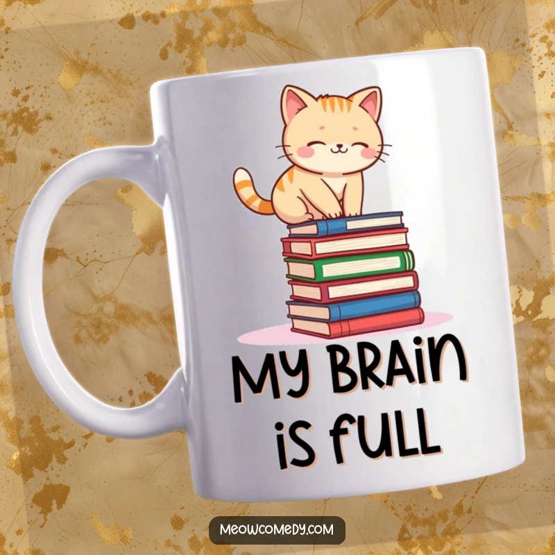 Funny kawaii cat struggling to balance on a tall, wobbly stack of books, looking determined yet precarious.