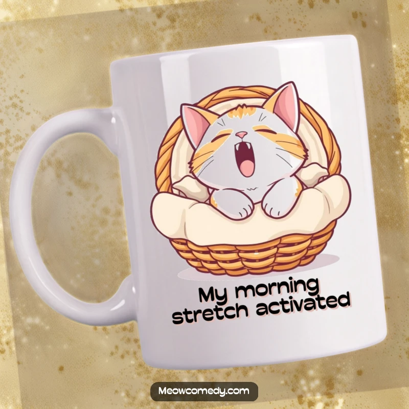 Funny mug showcasing a deeply tired cat comically yawning wide in a soft, inviting basket, perfect for cozy mornings.