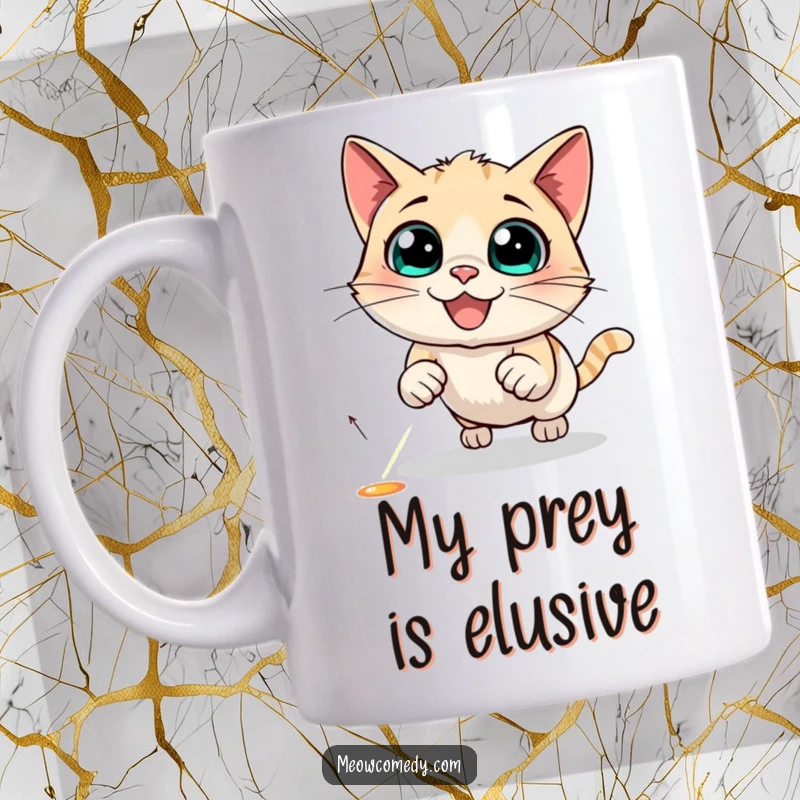 Funny Cat Mug showing a wide-eyed, black cat leaping joyfully after a red laser pointer dot.