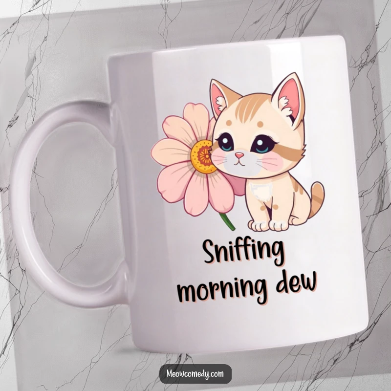 Funny Cat Mug showing a curious cat with wide eyes sniffing a large, brightly colored, whimsical flower.