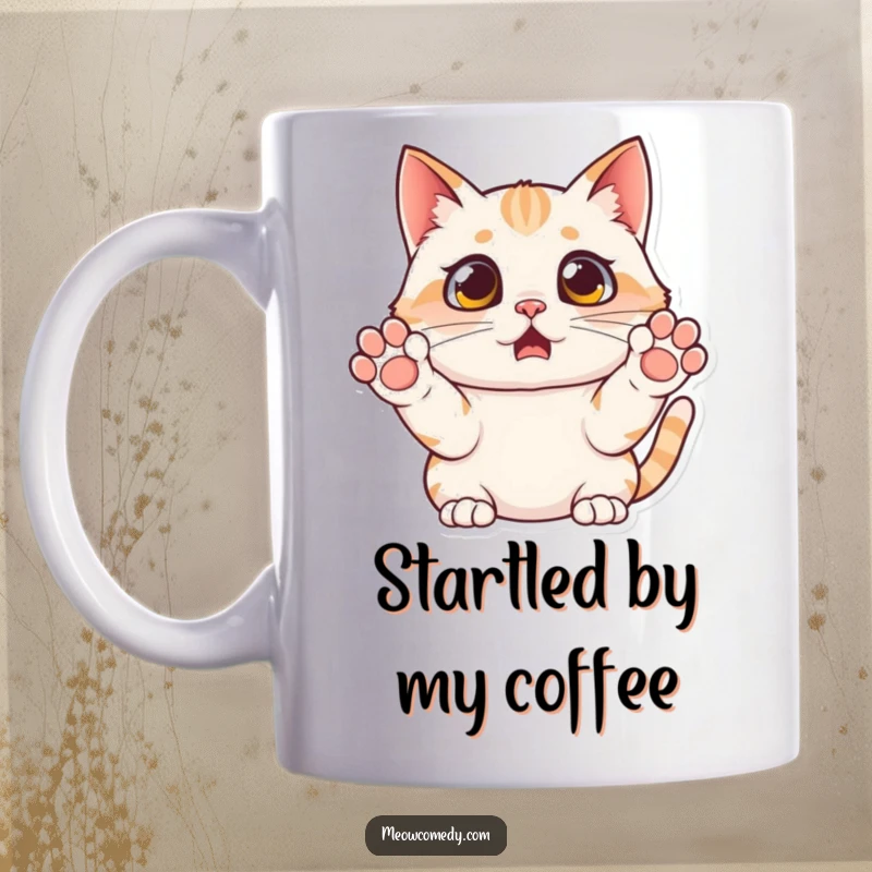 Funny surprised cat mug, eyes wide, paws raised in mock fright, with a humorous and relatable expression, great present.