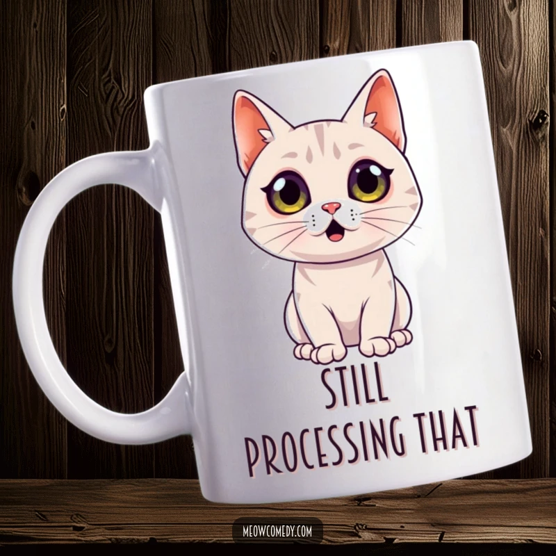 Funny Surprised Cat Mug: A sleek cat's eyes are wide open in a hilariously shocked expression, perfect for cat enthusiasts.