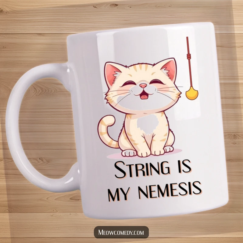 Funny cat mug depicting a cute cat gleefully batting at a dangling string toy with its paws, full of playful energy.