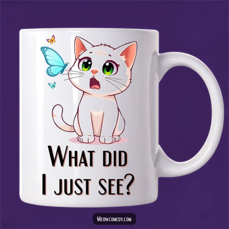 Funny Surprised Cat Mug: Startled Feline Chasing Butterfly, Perfect Funny Gift