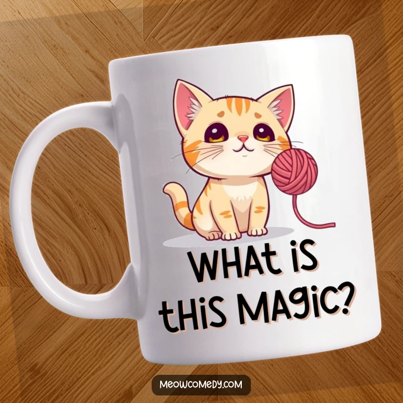 Funny Cat Mug: A curious cat with perked ears intensely watching a mesmerizing spinning ball of yarn.