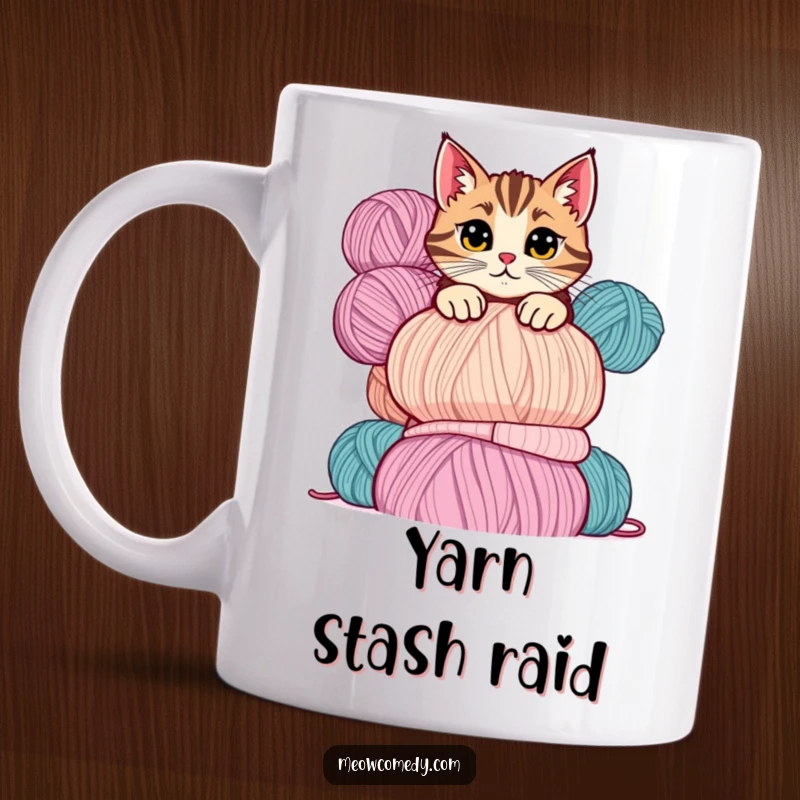 Funny cat mug showing a mischievous cat peeking mischievously over a tall, colorful stack of yarn balls.