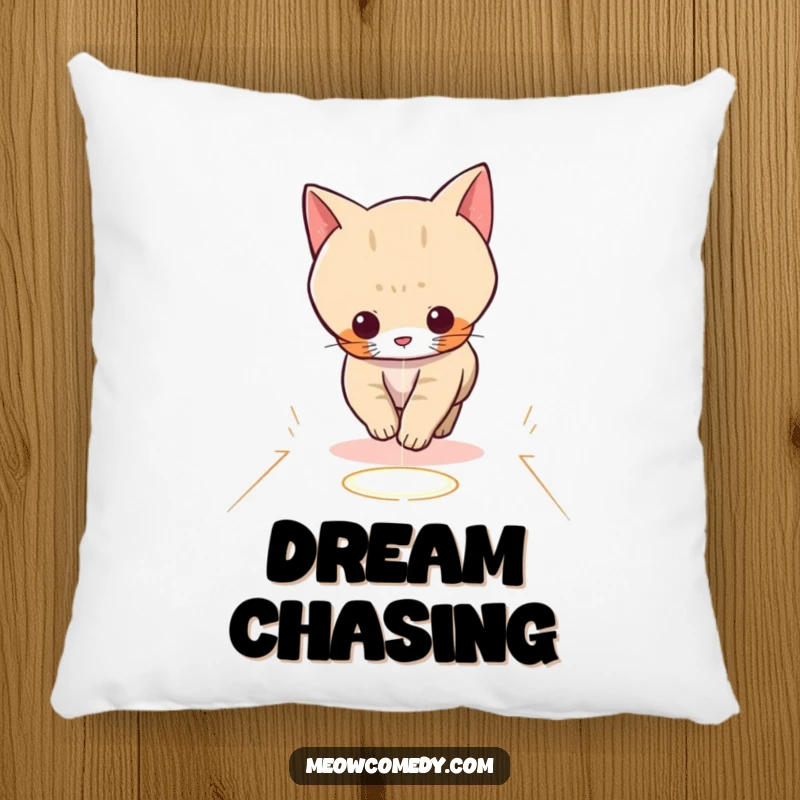 Funny soft pillow featuring a kawaii cat playfully chasing a red laser dot across a floor, perfect for cozy humor.