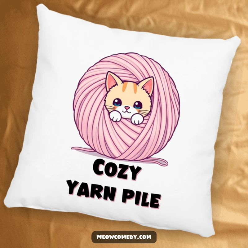 Funny soft pillow featuring a kawaii cat peeking from behind a giant ball of yarn, perfect for cozy humor.