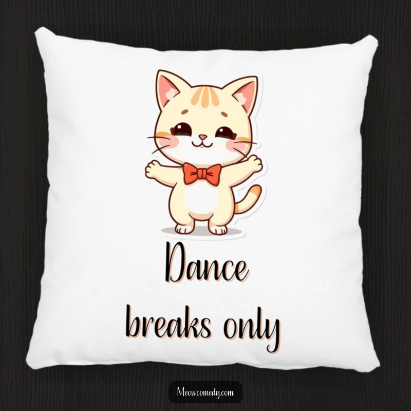 Funny Kawaii Cat Pillow: a cute cat with a bow tie, doing a silly dance, perfect for adding comfort and cheer.