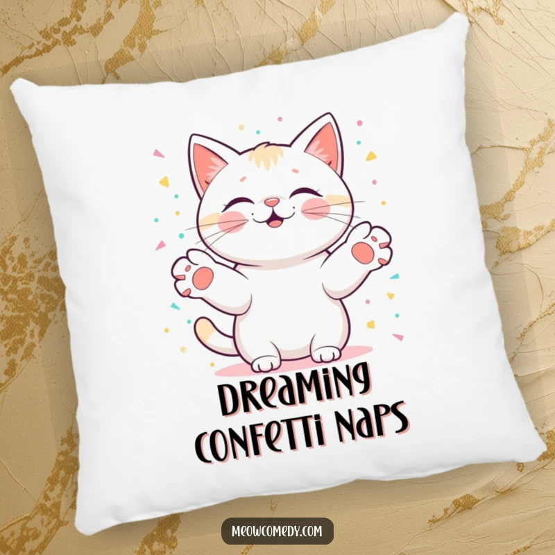 Funny kawaii cat with paws outstretched, catching digital confetti, offering comfort and a dose of pure celebration on a pillow.