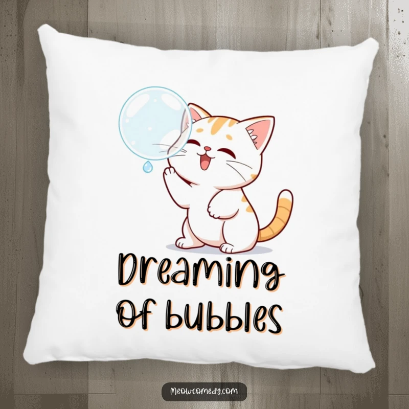 Funny Kawaii Cat Pillow: Cartoon cat batting at a bubble, soft, decorative, and humorous.