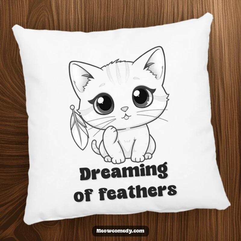 Funny kawaii cat batting at a dangling feather, soft and humorous decorative pillow for cat lovers.