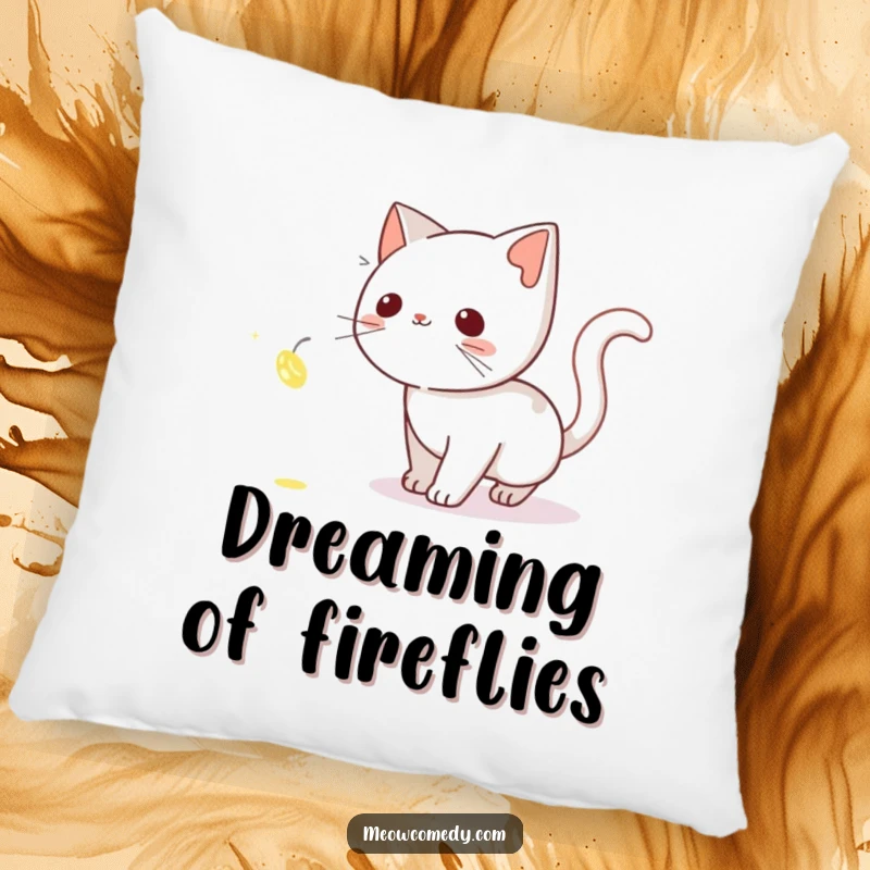 Funny Cat Pillow: A plush cushion showcasing a cat tiptoeing, captivated by a shimmering firefly, perfect for magical dreams.