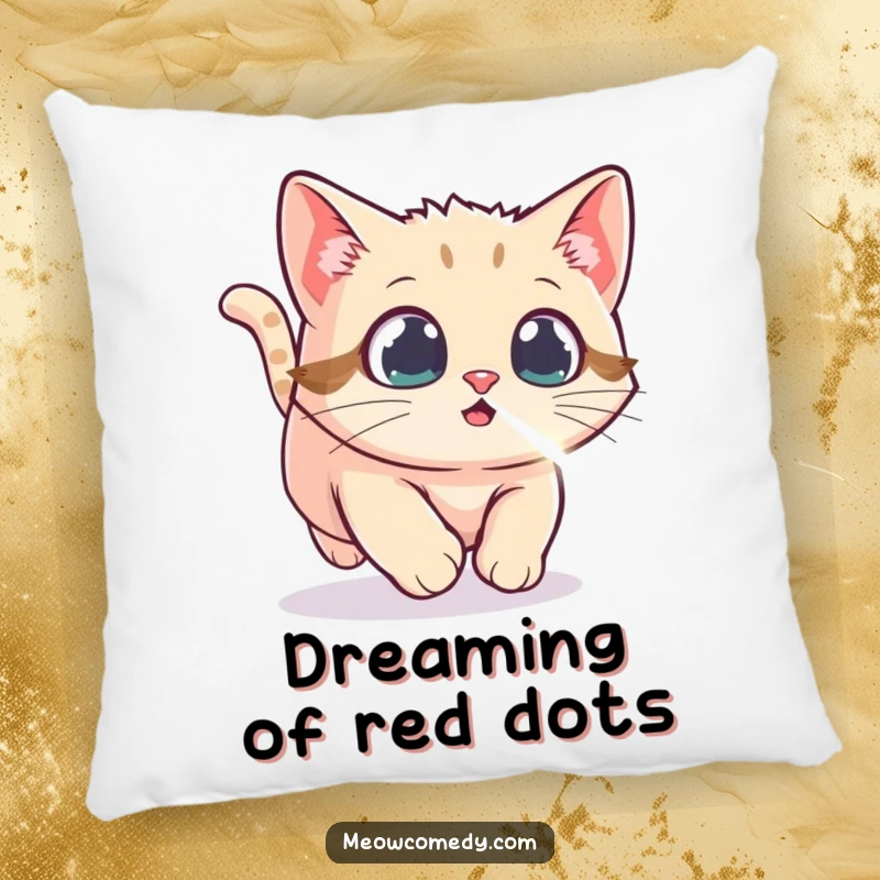 Funny Kawaii Cat Pillow, depicting a cat with wide, excited eyes, enthusiastically chasing a laser dot, perfect for adding playful comfort.