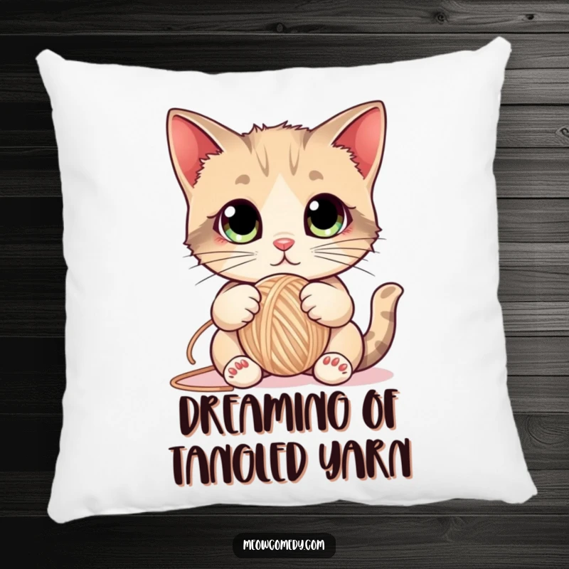 Funny Cat Pillow showing a cute kitten with big eyes playfully batting a ball of yarn, offering comfort and a humorous, charming touch.