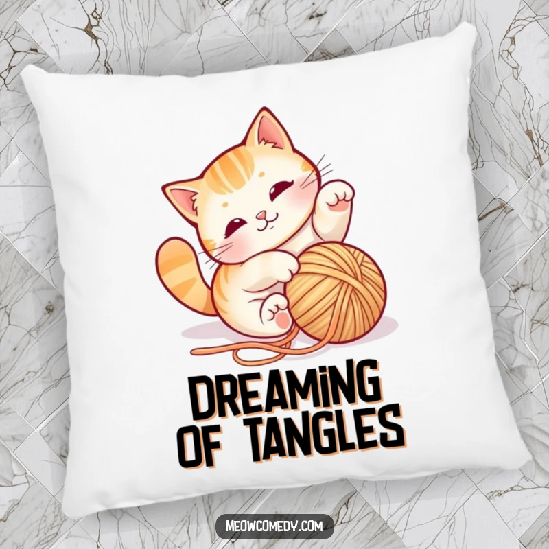 Funny cat yarn pillow, captured in a playful tumble with string, soft and decorative, bringing feline fun and comfort.