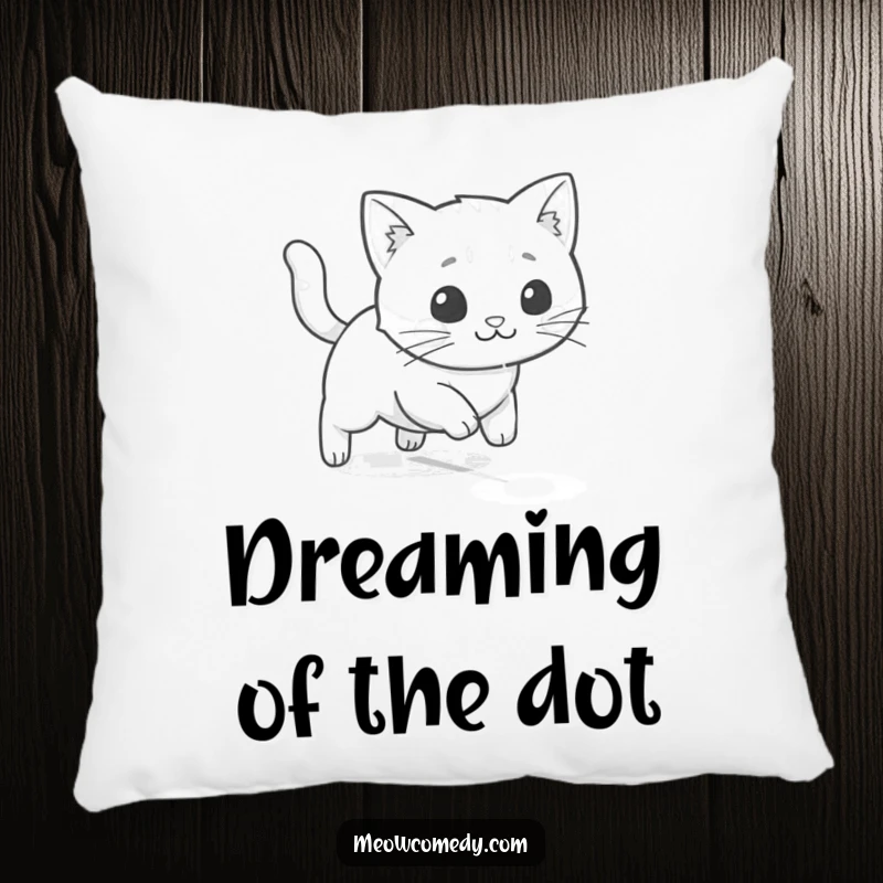 Funny kawaii cat playfully chasing a laser dot, soft and humorous decorative pillow for cat lovers.