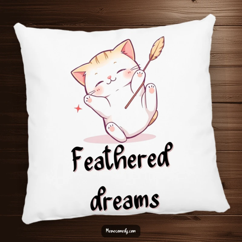 Funny Kawaii Cat Pillow: Cartoon cat tumbling with a feather toy, soft, decorative, and humorous.