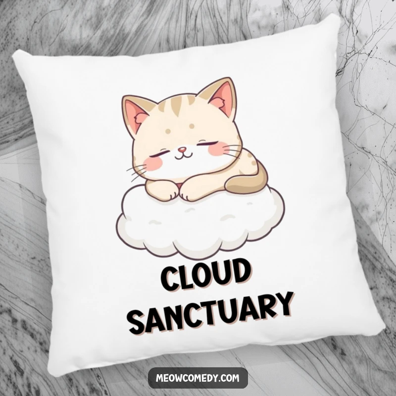 Funny Cat Pillow showing a content cat peacefully napping on a fluffy cloud, with a gentle, satisfied smile.