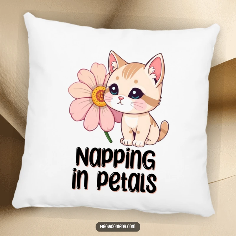 Funny Cat Pillow showing a curious cat with its nose gently sniffing a large, brightly colored flower.