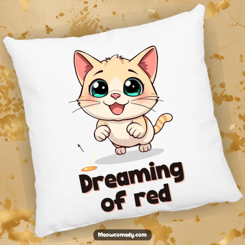Funny Cat Pillow showing a black cat hilariously chasing a glowing red laser pointer dot across its surface.