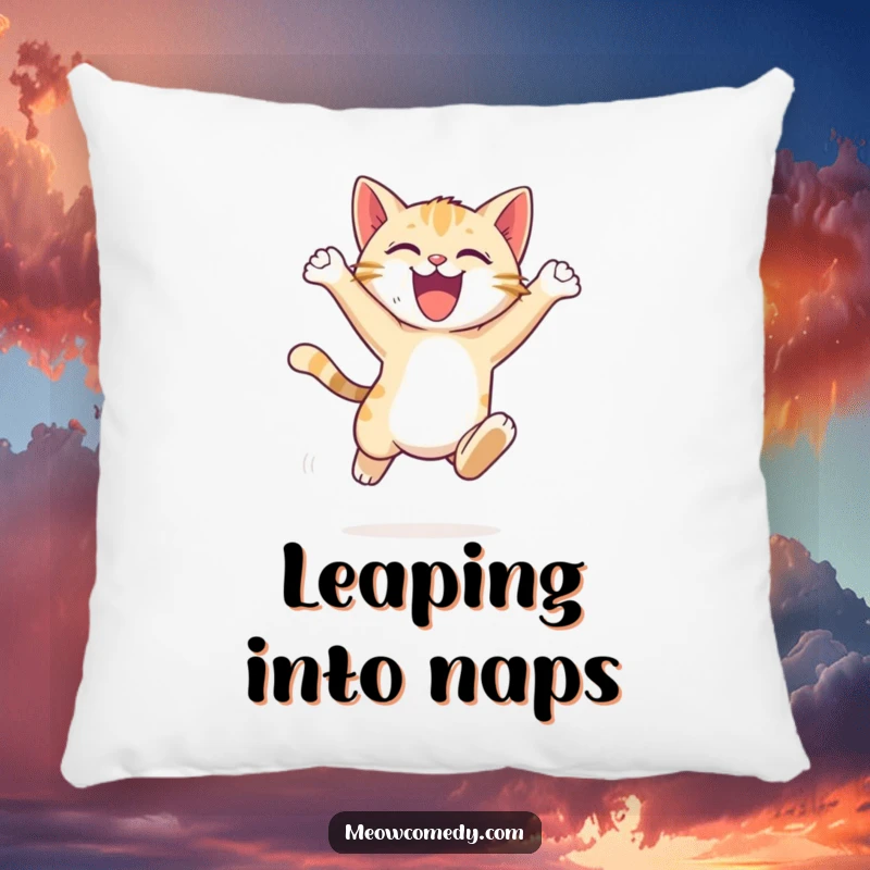 Funny Cat Leap Pillow: an energetic cat cub, leaping with excitement, providing soft comfort and a dynamic accent.