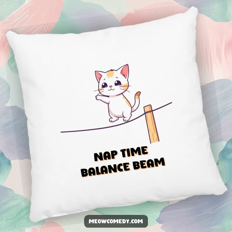 Funny pillow with a cat attempting a tightrope walk on a fence, adding humorous decor to any room.
