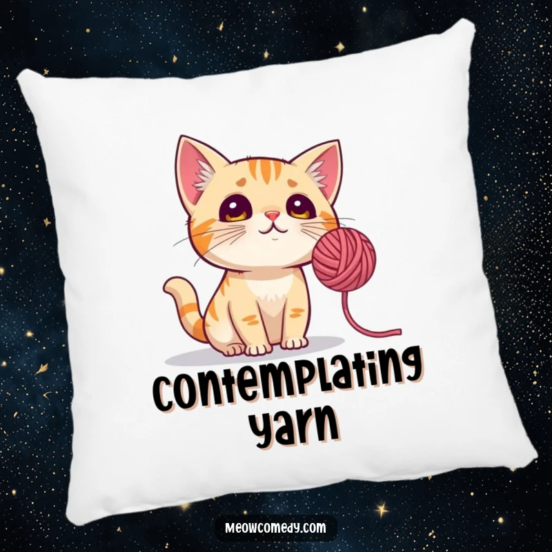 Funny Cat Pillow: A plush pillow illustrating a cat with perked ears, gazing at a spinning yarn ball.