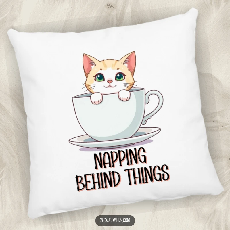 Funny Curious Cat Pillow: A curious cat peeks from behind a giant teacup on this plush pillow, adding playful decor.