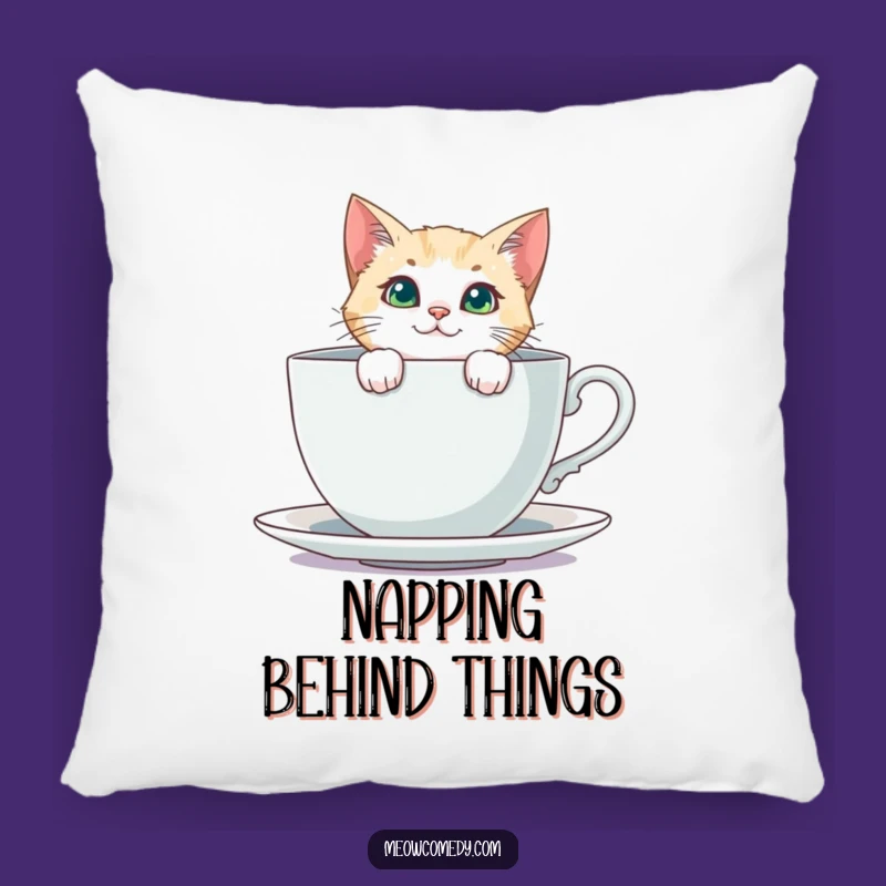 Funny Curious Cat Pillow: Cozy Teacup Peeking Feline Cushion Gift