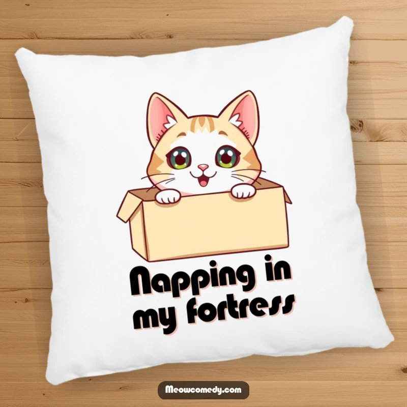 Funny Cat Pillow: A soft cushion featuring a curious cat with wide eyes peeking out from a box, ready for cuddles.