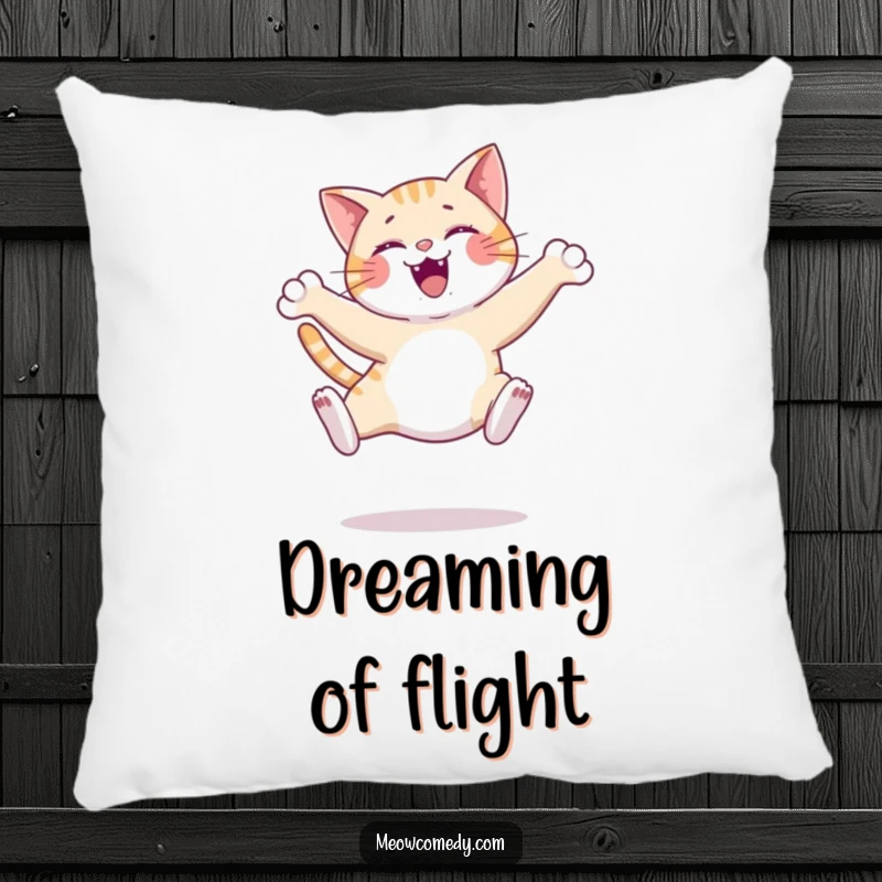 Funny graceful cat leap pillow, mid-air with elegant pose, soft and decorative, bringing feline charm and comfort.