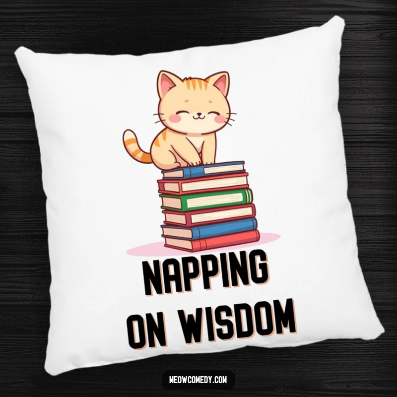 Funny kawaii cat wobbling on a stack of books, a soft, humorous, and decorative pillow.