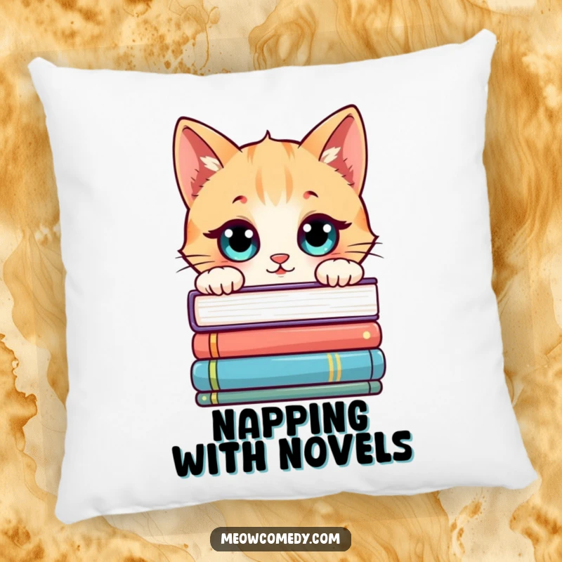 Funny Kawaii Cat Pillow: Cartoon cat peeking over books, soft, decorative, and humorous.
