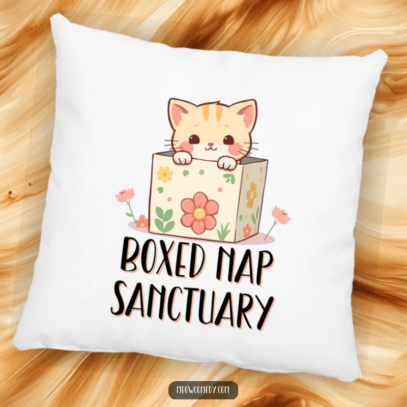 Funny kawaii cat peeking from inside a whimsical, decorated box, offering comfort and a touch of playful mystery on a pillow.