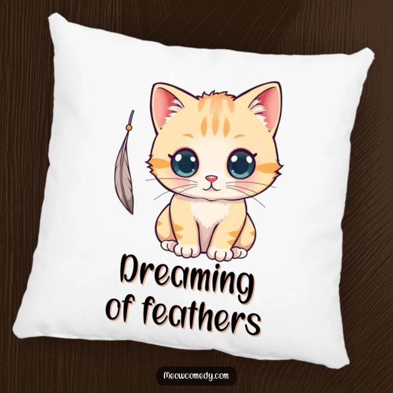 Funny kawaii cat batting at a feather, a soft, cute, and humorous pillow for added comfort.