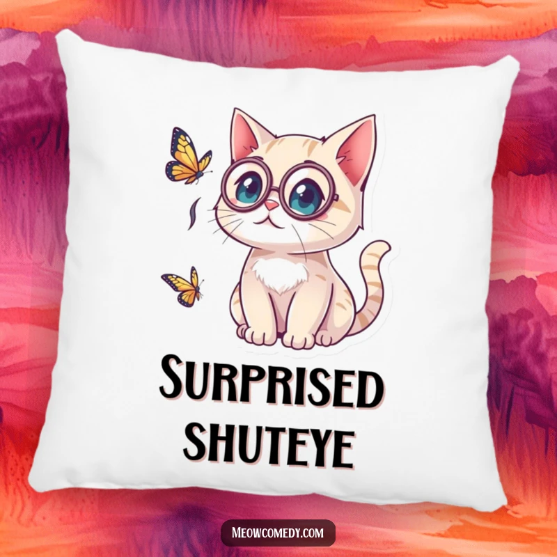 Funny kawaii cat wearing a monocle, looking surprised by a butterfly, offering comfort and a touch of sophisticated humor on a pillow.