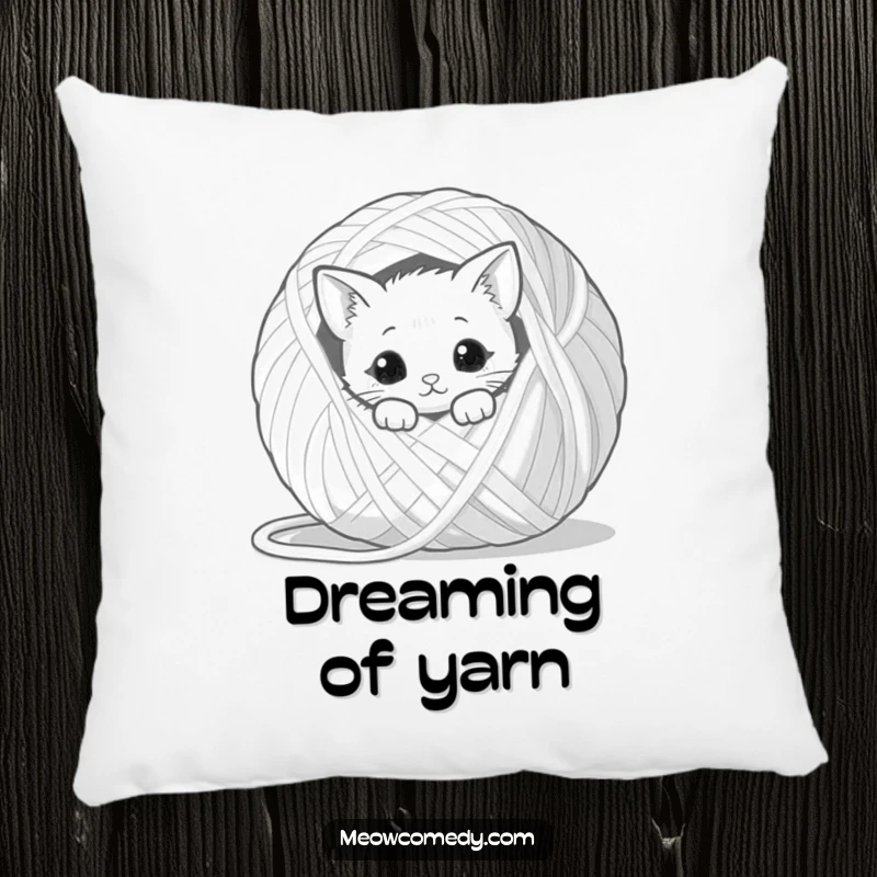 Funny kawaii cat peeking from behind a giant ball of yarn, soft and humorous decorative pillow for cat lovers.