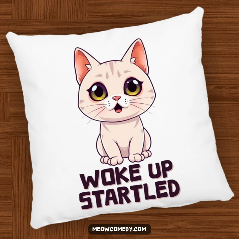 Funny Surprised Cat Pillow: A sleek cat with wide eyes shows a comical surprised expression on this plush and decorative pillow.