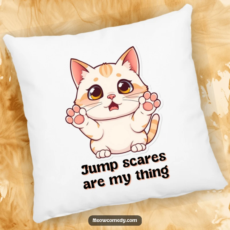 Funny surprised cat pillow, paws raised in mock terror, soft and decorative, bringing humorous feline reactions to any room.
