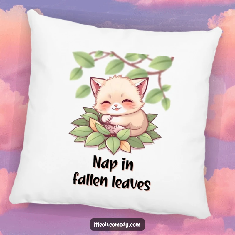 Funny Cat Pillow: A plush cushion featuring a tiny cat happily rolling in a soft pile of autumn leaves, perfect for cozy naps.