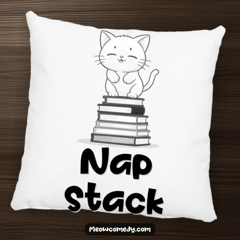 Funny kawaii cat balancing on a wobbly stack of books, soft and humorous decorative pillow for readers.