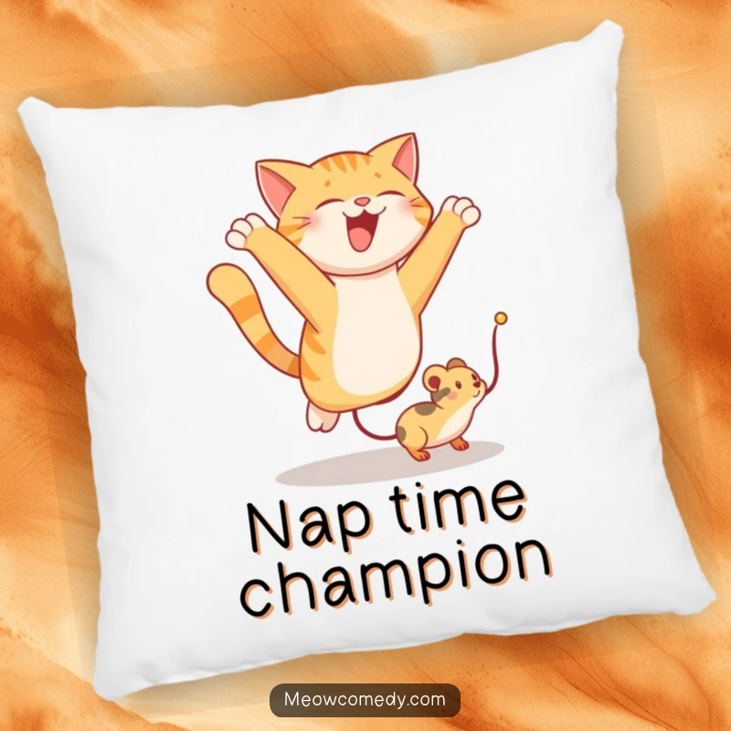 Funny pillow design of a cat joyfully leaping high to catch a toy mouse, offering comfort and humor.