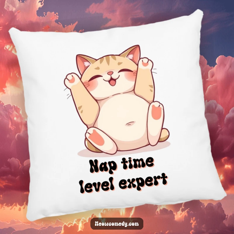 Funny pillow design of a cat rolling onto its back, sighing with happiness and showing its belly, evoking warmth and coziness.