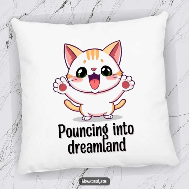 Funny pillow showcasing an excited cat mid-playful pounce, paws out, adding a touch of humor and comfort.