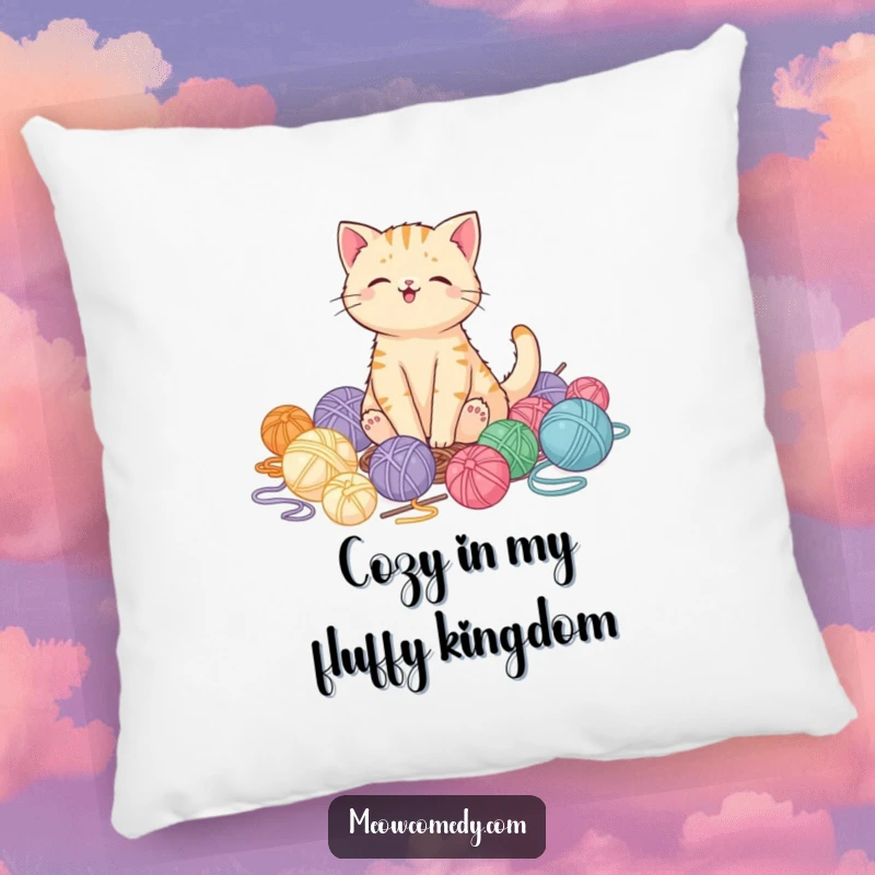 Funny kawaii cat pillow with a pleased expression, nestled in a pile of colorful yarn balls, soft and cozy gift.
