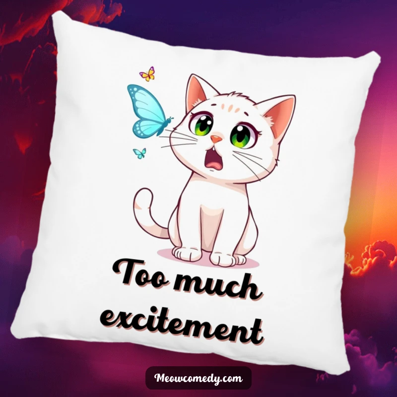 Funny surprised cat with wide, startled eyes, looking at a dancing butterfly, on a soft pillow, perfect humorous decor.