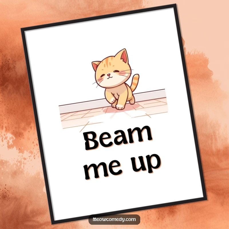 Funny kawaii cat playfully chasing a beam of light across a floor, available as an instant digital art print.