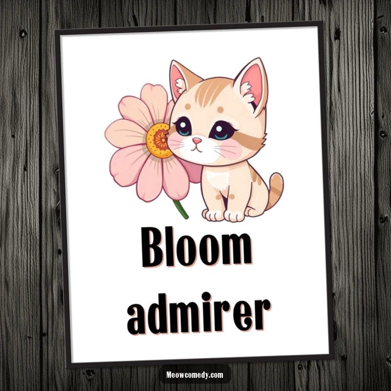 Funny Cat Digital Art Print showing a curious cat with wide eyes sniffing a large, vibrantly colored flower.