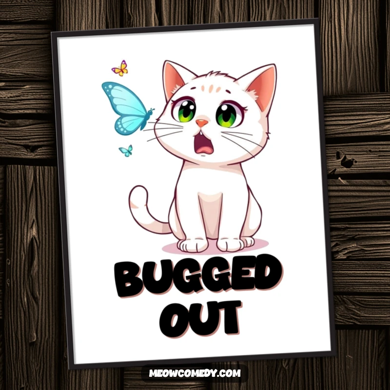 Funny surprised cat, wide startled eyes, chasing a dancing butterfly, digital art print, humorous feline expression, instant download.